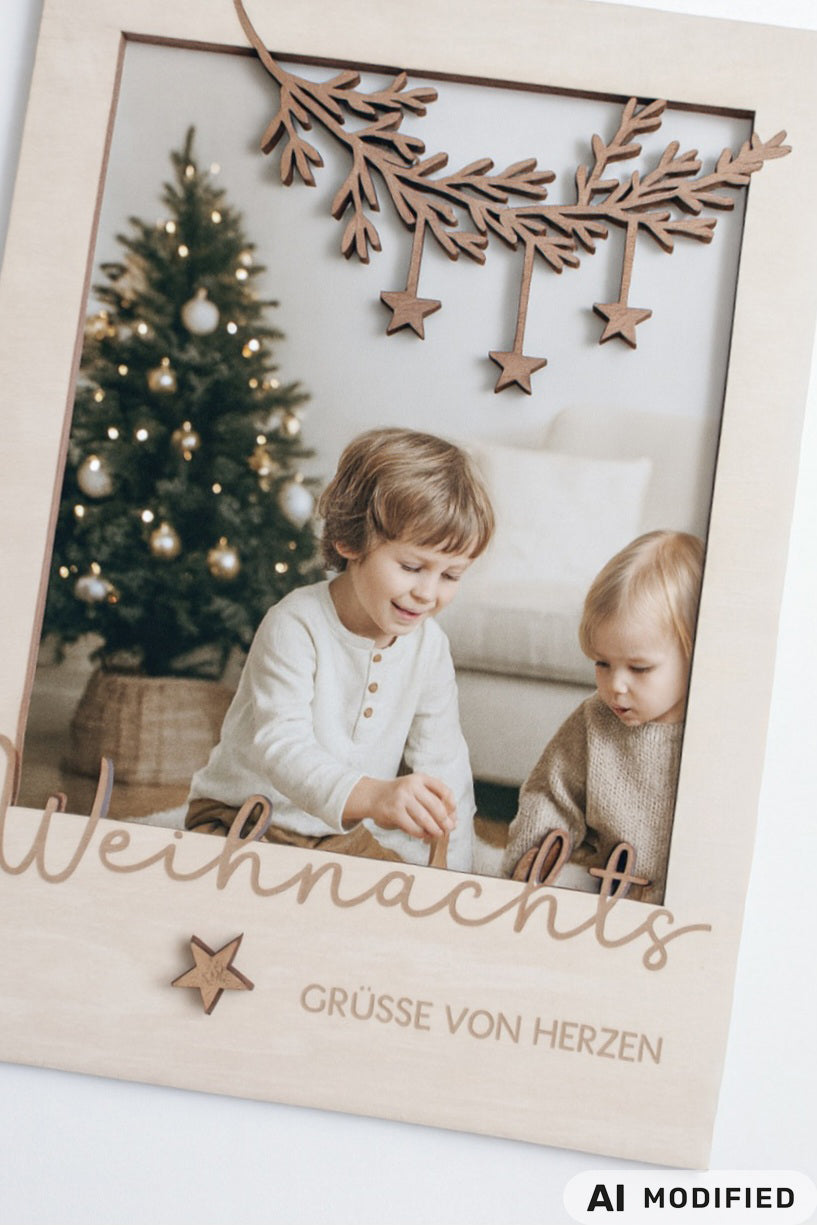 Personalisierbarer Bilderrahmen aus hellem Holz mit filigranem 3D-Tannenzweig und hängenden Sternen als Weihnachtsdekoration. Der gravierte Schriftzug „Weihnachtsgrüße von Herzen“ verleiht dem Bilderrahmen eine liebevolle, festliche Optik. Der Holzrahmen eignet sich für Familienfotos, Kinderbilder oder Erinnerungen an die Weihnachtszeit und ist eine stilvolle Geschenkidee zu Weihnachten für Eltern, Großeltern, Paten oder Freunde sowie als weihnachtliche Wohnraumdekoration.