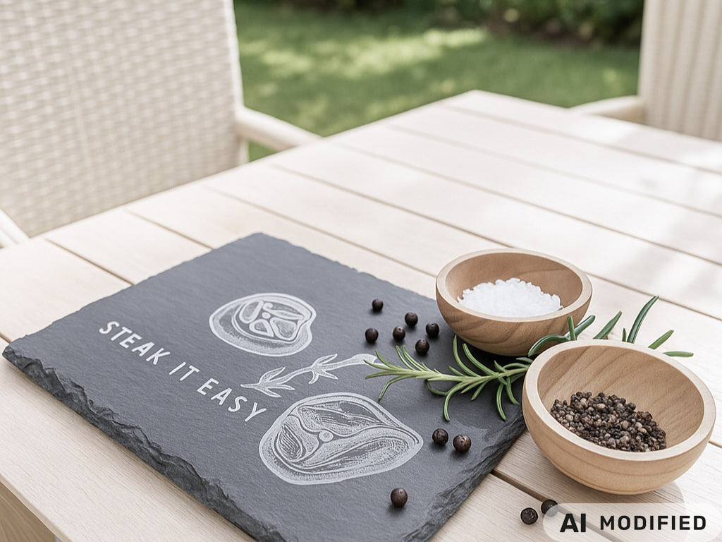 Schieferplatte mit der Aufschrift Steak it easy sowie zwei Steaks und Tymianzweig eingraviert. Zudem Dekoration.