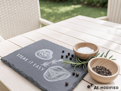 Schieferplatte mit der Aufschrift Steak it easy sowie zwei Steaks und Tymianzweig eingraviert. Zudem Dekoration.