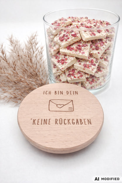 Geschenkglas aus klarem Glas mit hochwertigem Buchenholzdeckel und feiner Lasergravur „Ich bin dein – keine Rückgaben“. Liebevolle Geschenkidee für Partner, Freundin oder Freund, ideal als Valentinstag Geschenk, Jahrestag Geschenk oder kleine Aufmerksamkeit zwischendurch. Das Glas eignet sich perfekt zum Befüllen mit Süßigkeiten, Pralinen oder persönlichen Botschaften. Nachhaltiges Vorratsglas im minimalistischen Scandi Stil. Süßigkeiten nicht enthalten.