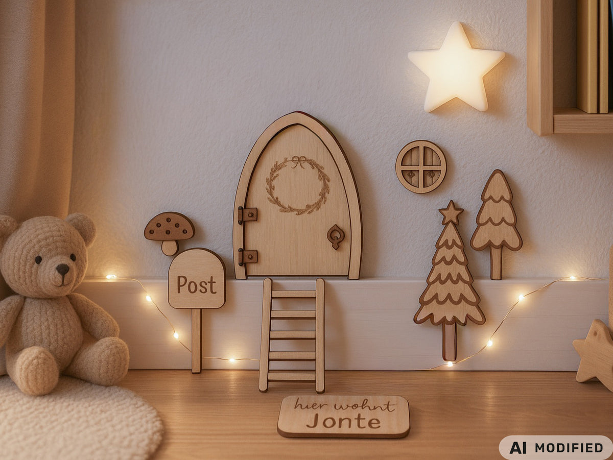Personalisierbare Holz-Wichteltür mit Leiter, Briefkasten, Pilz und zwei Tannenbäumen an einer weißen Sockelleiste im Kinderzimmer, auf hellblauer Wand mit weißen Punkten montiert.