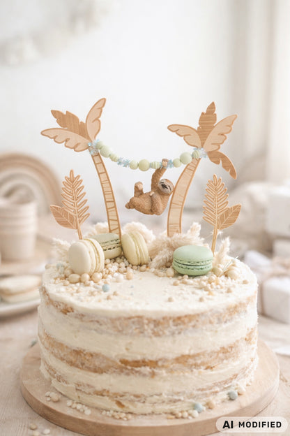 Cake Topper Faultier aus Holz im Dschungel Stil mit Palmen und Blättern als Tortendeko für Kindergeburtstag und Faultier Geburtstag. Moderner Caketopper im Skandi Look perfekt als Kuchenaufleger oder Tortenaufleger für Naked Cakes. Kombinierbar mit Schleich Faultier oder anderem Faultier Spielzeug für eine individuelle Sloth Party Decor Gestaltung. Animal Cake Topper für Dschungelparty, Baby Geburtstag oder Motto Party mit natürlichen Farben, Macarons und minimalistischer Tortendeko. Hochwertiger Cake Toppe