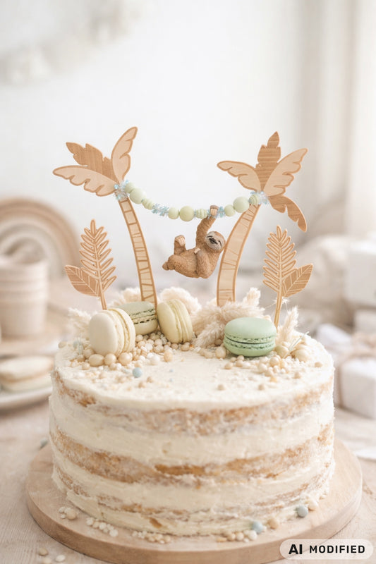 Cake Topper Faultier aus Holz im Dschungel Stil mit Palmen und Blättern als Tortendeko für Kindergeburtstag und Faultier Geburtstag. Moderner Caketopper im Skandi Look perfekt als Kuchenaufleger oder Tortenaufleger für Naked Cakes. Kombinierbar mit Schleich Faultier oder anderem Faultier Spielzeug für eine individuelle Sloth Party Decor Gestaltung. Animal Cake Topper für Dschungelparty, Baby Geburtstag oder Motto Party mit natürlichen Farben, Macarons und minimalistischer Tortendeko. Hochwertiger Cake Toppe