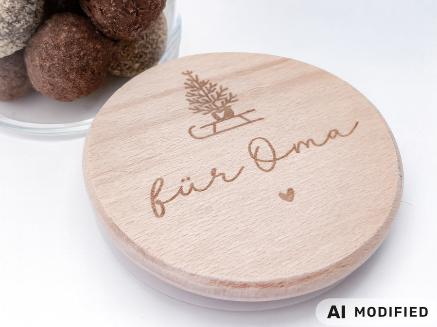 „Personalisierbares Geschenkglas mit hellem Holzdeckel, graviert mit Weihnachtsbaum auf Schlitten und Schriftzug ‚für Oma‘. Skandi, natürlich, handgemacht – Geschenkidee zu Weihnachten.“