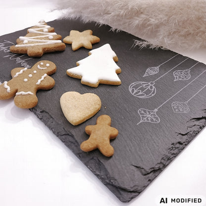 Schieferplatte mit Gravur „Frohe Weihnachten“ und Weihnachtsornamenten, 30×20 cm – Weihnachtsdeko aus Schiefer.