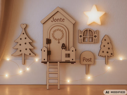 Personalisierte Wichteltür aus Holz mit Namen – Skandinavische Weihnachtsdekoration für Kinderzimmer