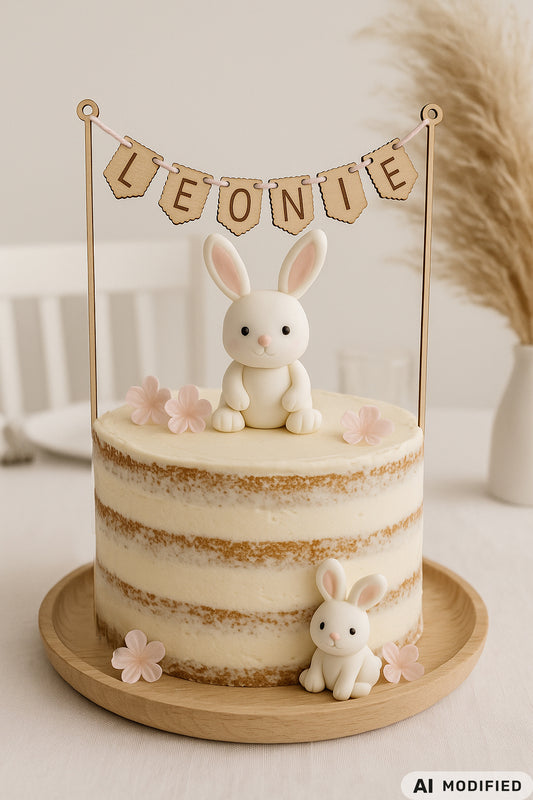 Personalisierter Cake Topper aus Holz mit dem Namen „Leonie“ als Wimpelgirlande für eine Torte zur Taufe, Geburt oder zum Geburtstag. Zwei filigrane Holzstäbe tragen eine Girlande mit gravierten Buchstaben auf naturfarbenen Holzfähnchen. Die schlichte Naked Cake Torte ist mit zwei niedlichen Hasenfiguren und zarten rosafarbenen Blüten dekoriert. Das zeitlose, skandinavische Design macht den personalisierten Tortenstecker zu einem besonderen Highlight jeder Feier.