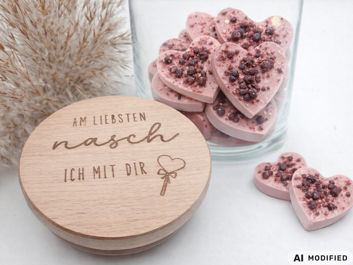 Personalisiertes Geschenkglas mit graviertem Holzdeckel als liebevolle Geschenkidee zum Valentinstag, Muttertag oder Vatertag