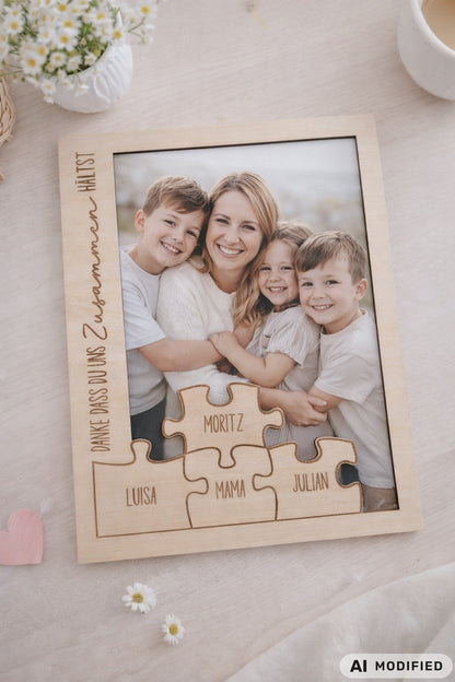 Personalisierter Bilderrahmen aus Holz mit Passepartout im skandinavischen Stil, emotionales Mama Geschenk mit Familienfoto, gravierter Schriftzug „Danke dass du uns zusammen hältst“, Puzzle Design mit Namen Luisa, Moritz, Mama, Julian, individuelles Muttertagsgeschenk, Fotogeschenk Familie, personalisiertes Geschenk Mama, Holzrahmen modern, Familienrahmen mit Namen, Geschenk für Mutter, Bilderrahmen personalisiert, liebevolles Erinnerungsstück für Zuhause, Geschenkidee Mama Geburtstag Weihnachten