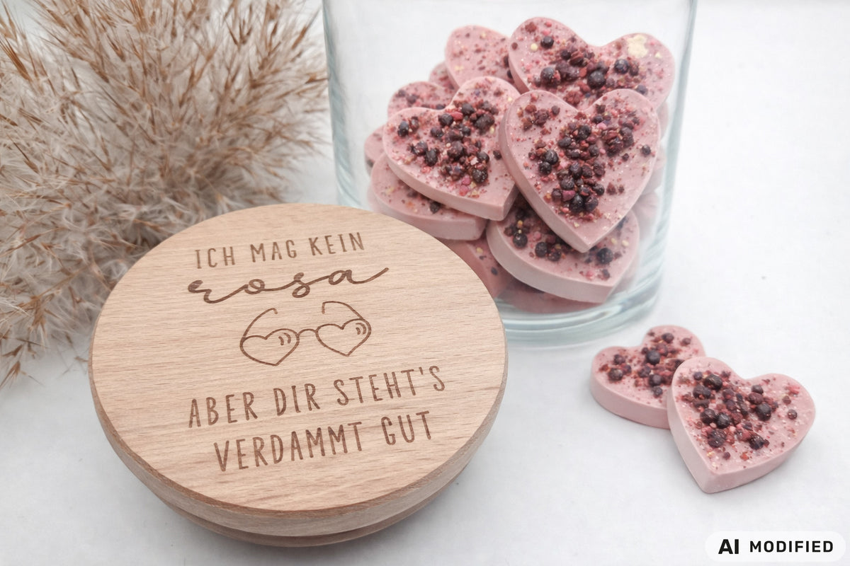 Valentinstag Geschenkglas aus Glas mit graviertem Buchenholzdeckel und humorvollem Liebesspruch, gefüllt mit rosafarbenen Herzschokoladen. Romantisches Geschenk zum Valentinstag für Partner, Freundin, Freund, Ehepartner oder Liebespaar. Hochwertiges Geschenkglas im modernen Scandi Design, handgemacht und dekorativ. Ideal als Liebesgeschenk, Valentinstagsgeschenk, Jahrestagsgeschenk oder kleine Aufmerksamkeit mit Schokolade, Pralinen oder Süßigkeiten. Stilvolle Geschenkidee mit Holzdeckel für Zuhause.