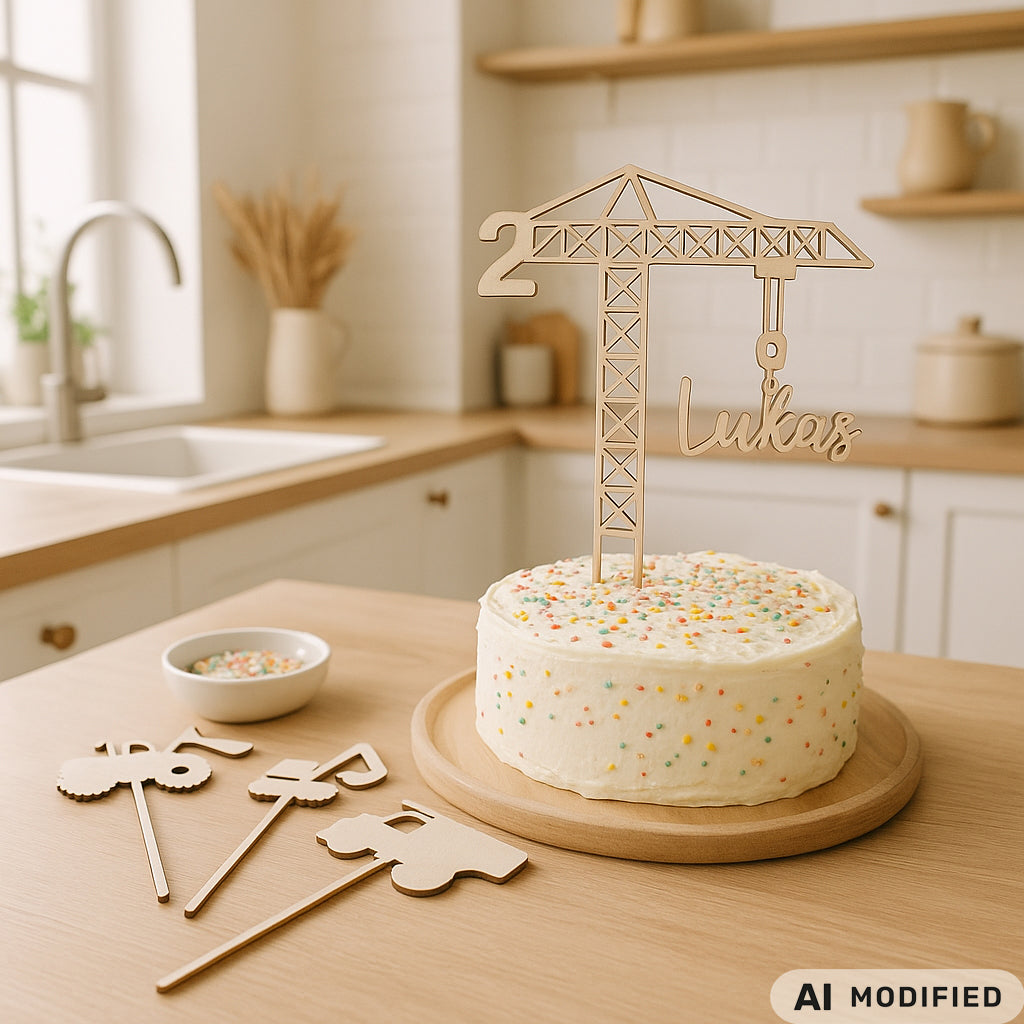Cake topper zum Geburtstag mit Kran aus Holz, personalisierte Torten Dekoration , personalisierbar mit Namen und Alter perfekt als Geschenk