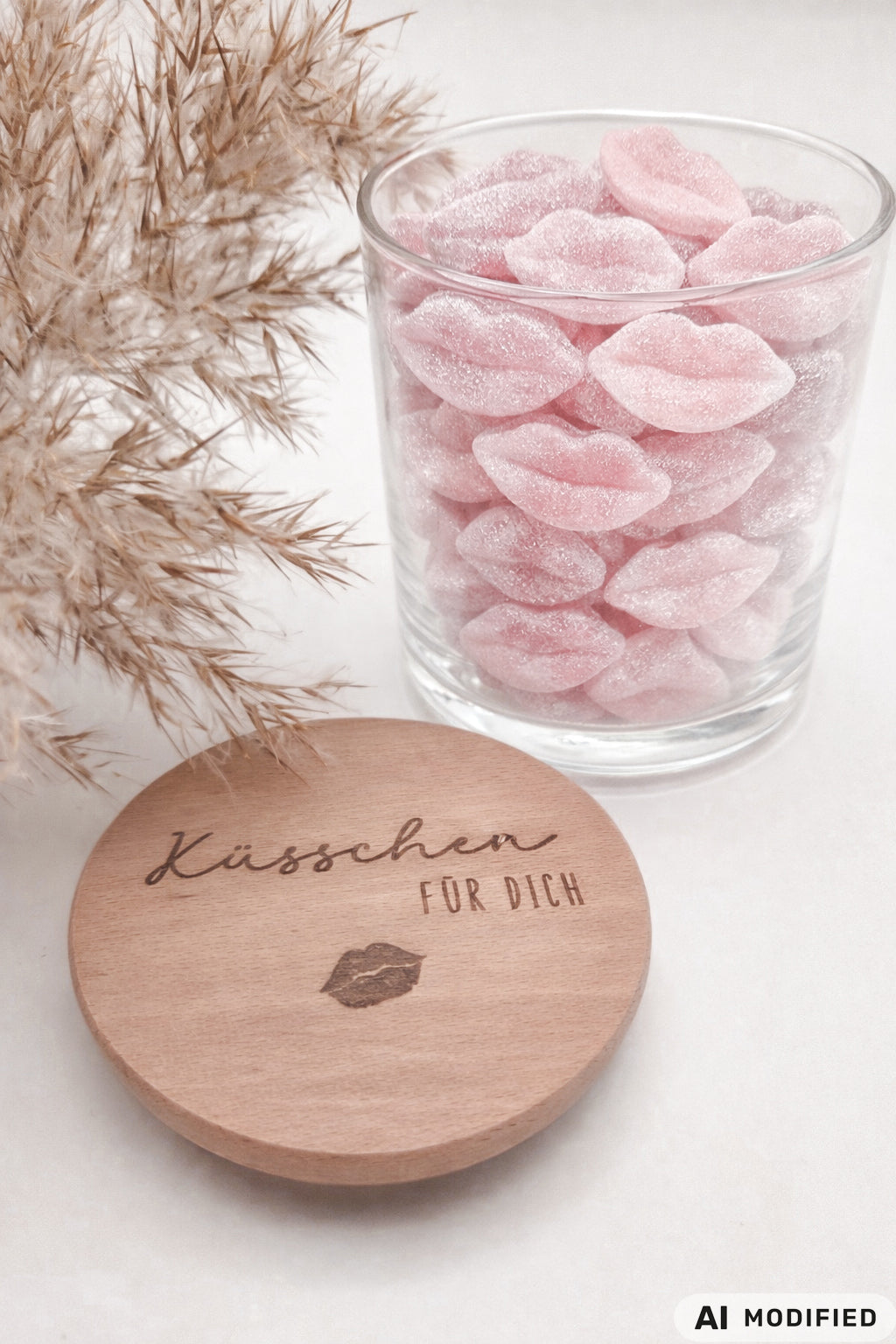 Dekoratives Geschenkglas aus klarem Glas mit hochwertigem Buchenholzdeckel und feiner Gravur „Küsschen für dich“. Das minimalistische Design im Scandi-Stil macht das Glas zu einer liebevollen Geschenkidee für Valentinstag, Muttertag, Geburtstag oder als kleine Aufmerksamkeit für Herzensmenschen. Ideal zum individuellen Befüllen mit Süßigkeiten oder Botschaften. Die abgebildeten Süßigkeiten sind Dekoration und nicht im Lieferumfang enthalten.
