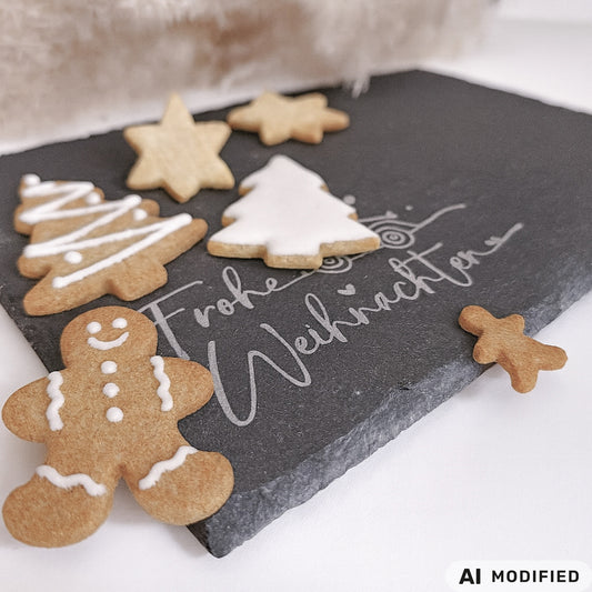 „Natur-Schieferplatte 30x20 cm mit Gravur ‚Frohe Weihnachten‘ und Tannenbaum – stilvolle Tischdeko zur Adventszeit, Servierplatte für Plätzchen & Gebäck, Weihnachtsgeschenk im skandinavischen Wohnstil, hochwertige Schiefer Deko für Weihnachten.“