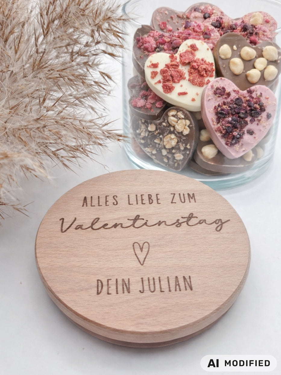 Personalisiertes Geschenkglas zum Valentinstag mit graviertem Holzdeckel und individueller Namensgravur. Hochwertiges Glas gefüllt mit Schokoladenherzen in Rosa, Weiß und Vollmilch, dekorativ angerichtet. Romantisches Valentinstagsgeschenk für Freundin, Geschenk für Freund, Geschenk für Partner oder Ehemann. Personalisiertes Schokoladengeschenk mit Gravur, Liebesgeschenk personalisiert, Geschenkidee Valentinstag, Geschenk für Paare, liebevolle Aufmerksamkeit, handgemachtes Geschenk, hochwertig und einzigart