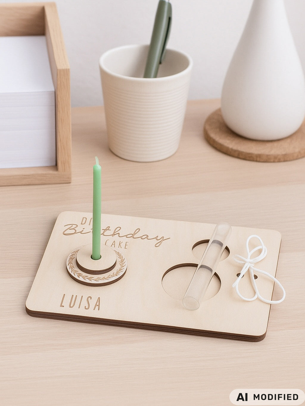 „DIY Geburtstagskuchen aus Holz mit Kerze und Reagenzglas – personalisierte Geburtstagskarte als Mini Geschenk“