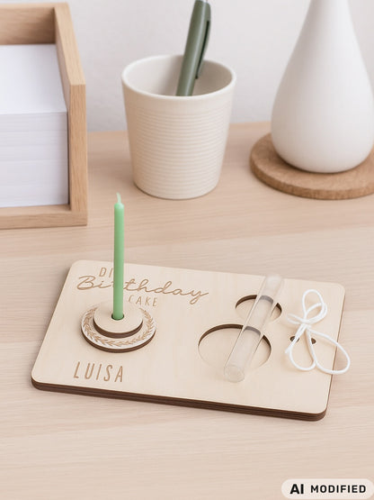 „DIY Geburtstagskuchen aus Holz mit Kerze und Reagenzglas – personalisierte Geburtstagskarte als Mini Geschenk“