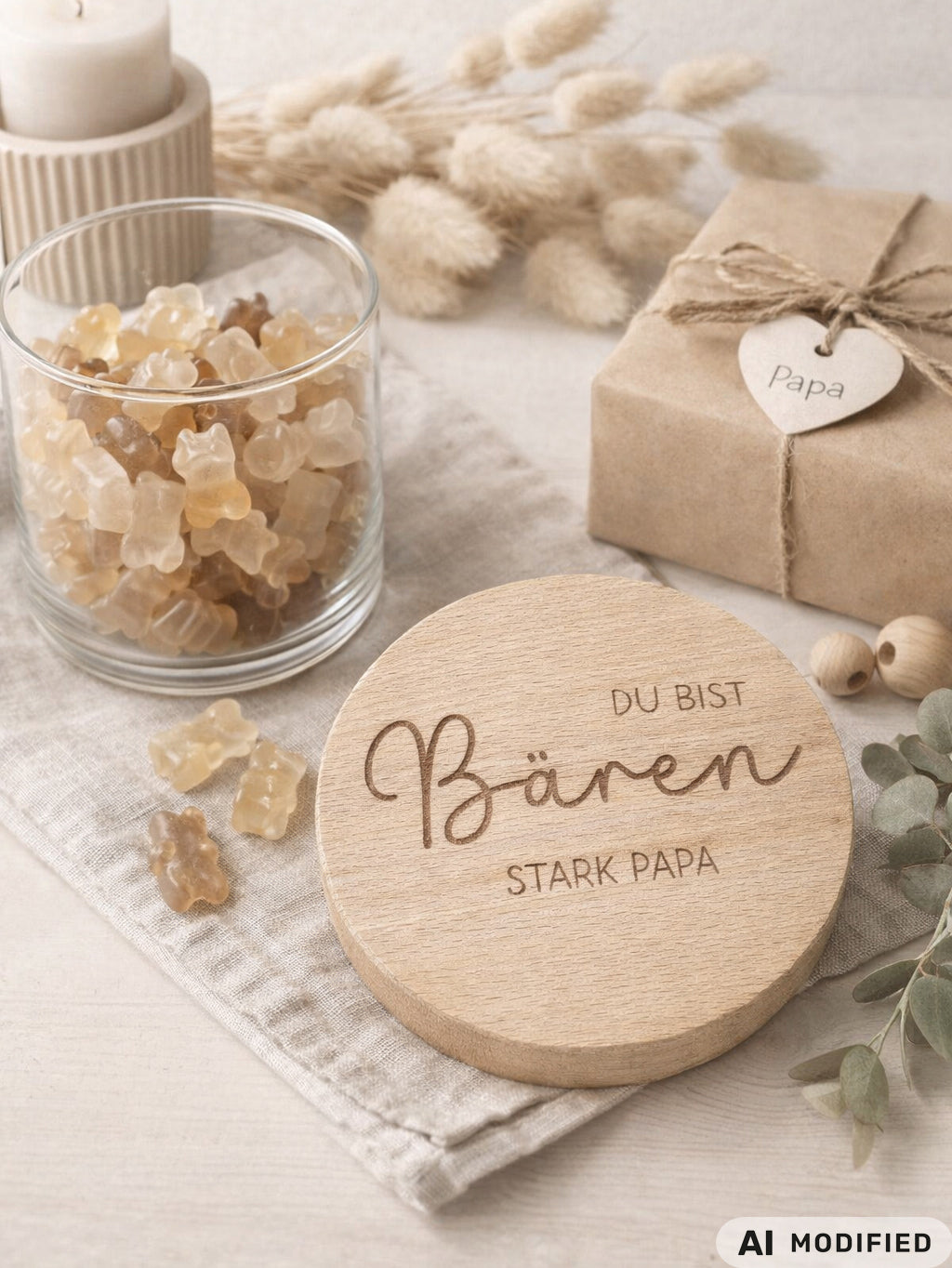 Geschenkglas mit graviertem Holzdeckel für Papa, gefüllt mit hellen Gummibärchen im skandinavischen Stil dekoriert. Der Deckel trägt die liebevolle Gravur „Du bist Bären stark Papa“ mit Herzmotiv. Perfekte Geschenkidee zum Vatertag, Geburtstag oder als kleines Dankeschön für den besten Papa. Modernes, minimalistisches Setting mit Naturmaterialien wie Holz, Trockenblumen und Kerze sorgt für eine warme, hochwertige Präsentation und macht dieses personalisierte Papa Geschenk besonders emotional und einzigartig