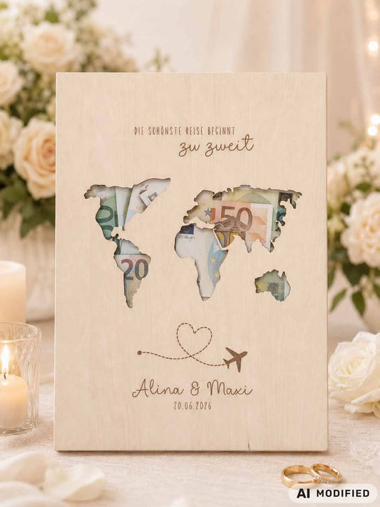 Personalisiertes Geldgeschenk zur Hochzeit aus hellem Holz mit filigraner Weltkarte und eingesteckten Euro-Geldscheinen hinter den Kontinenten. Die gravierte Aufschrift „Die schönste Reise beginnt zu zweit“ sowie die Namen des Brautpaares und das Hochzeitsdatum machen dieses Hochzeitsgeschenk zu einer besonderen Erinnerung. Das Holzbild steht in einer romantischen Hochzeitskulisse mit weißen Rosen, Kerzenlicht, Eheringen und eleganter Tischdekoration. Perfekt als Geldgeschenk für Flitterwochen, Reisekasse o
