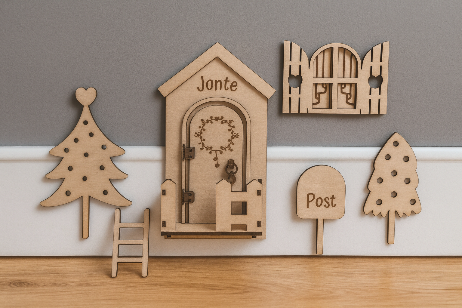Personalisierte Wichteltür aus Holz mit Namen, Weihnachtsdeko im skandinavischen Stil, Kinderzimmer Dekoration mit Leiter, Bäumchen und Postkasten