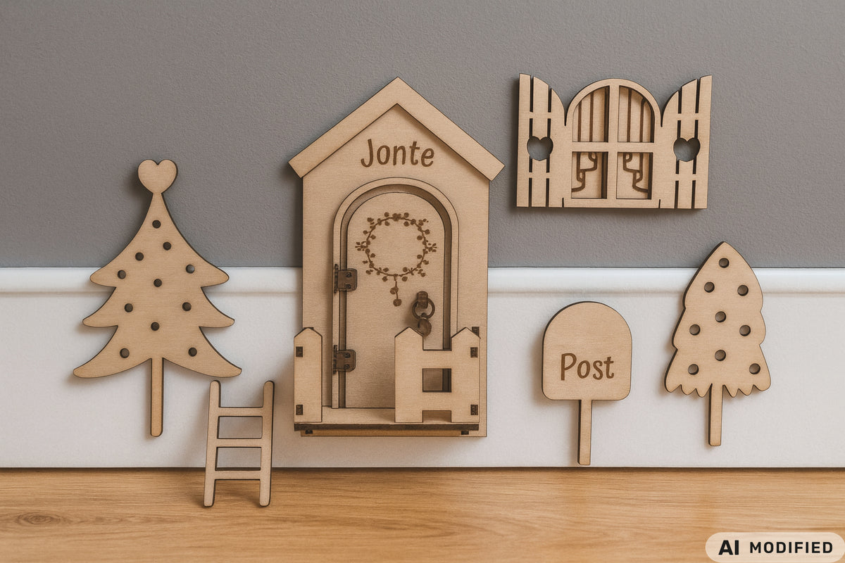 Personalisierte Wichteltür aus Holz mit Namen, Weihnachtsdeko im skandinavischen Stil, Kinderzimmer Dekoration mit Leiter, Bäumchen und Postkasten