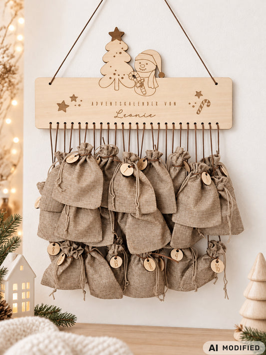 Personalisierter Adventskalender aus Holz im skandinavischen Weihnachtsstil. Die gravierte Holzleiste zeigt einen Weihnachtsbaum, Schneemann, Sterne und Zuckerstange sowie den Schriftzug „Adventskalender von Leonie“. An 24 braunen Bändern hängen naturfarbene Stoffbeutel mit runden Holzanhängern und Adventszahlen. Der wiederverwendbare Weihnachtskalender ist liebevoll inszeniert mit Tannenzweigen, Lichtern und dezenter Weihnachtsdeko.