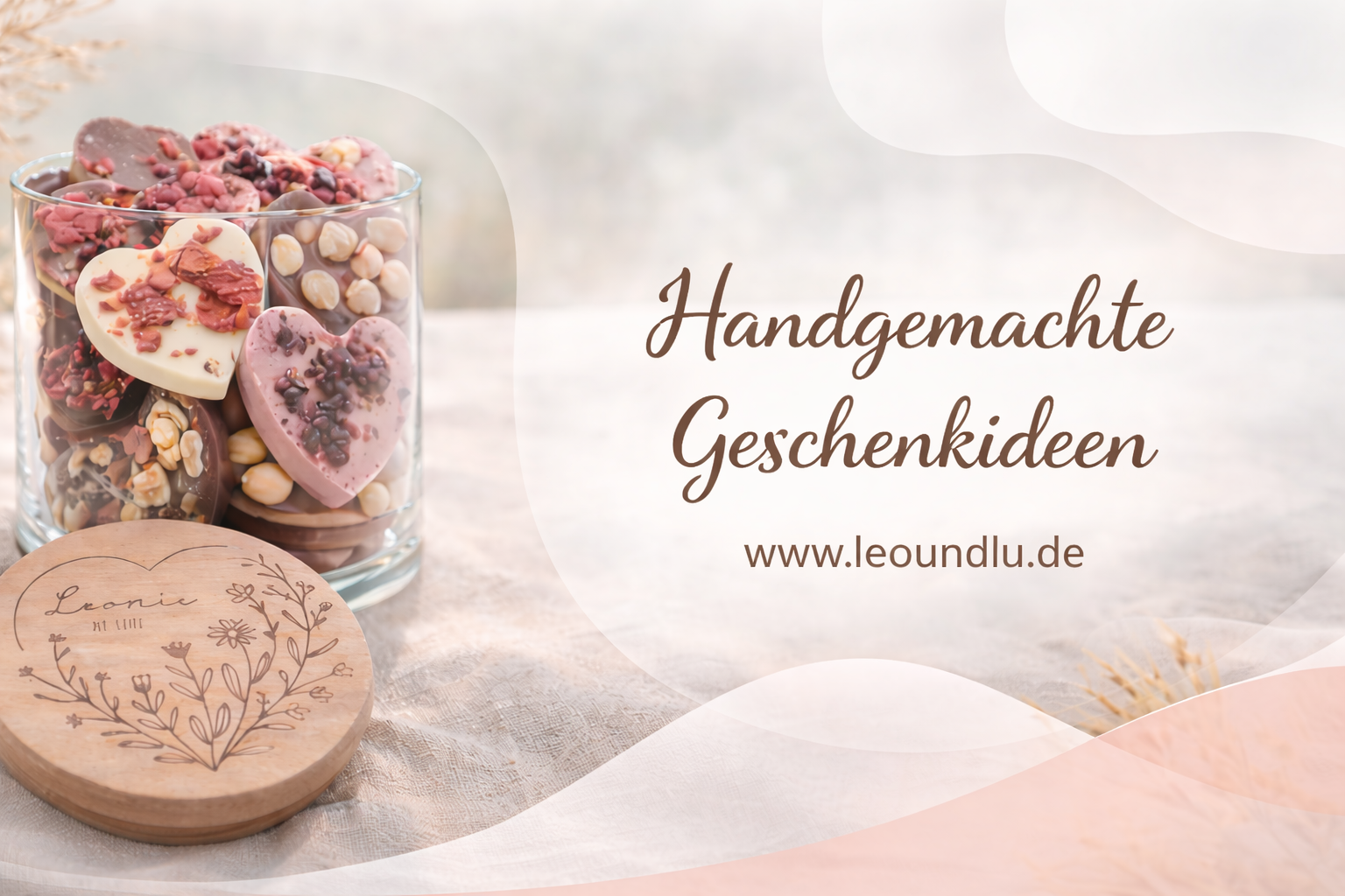 Handgemachte Geschenkideen von Leo&Lu: Hochwertiges, personalisiertes Geschenkglas mit graviertem Holzdeckel, gefüllt mit liebevoll gestalteten Schokoladen-Herzen. Individuelle Geschenkideen aus Holz, Glas und Schiefer – personalisierte Geschenke für Valentinstag, Muttertag, Vatertag, Hochzeit, Geburtstag, Weihnachten und besondere Anlässe. Lasergravierte Holzprodukte wie Geschenkgläser, Vorratsgläser, Pralinengläser, Cake Topper, Geldgeschenke zur Hochzeit, Bilderrahmen, Passepartouts, Adventskalender, Wic