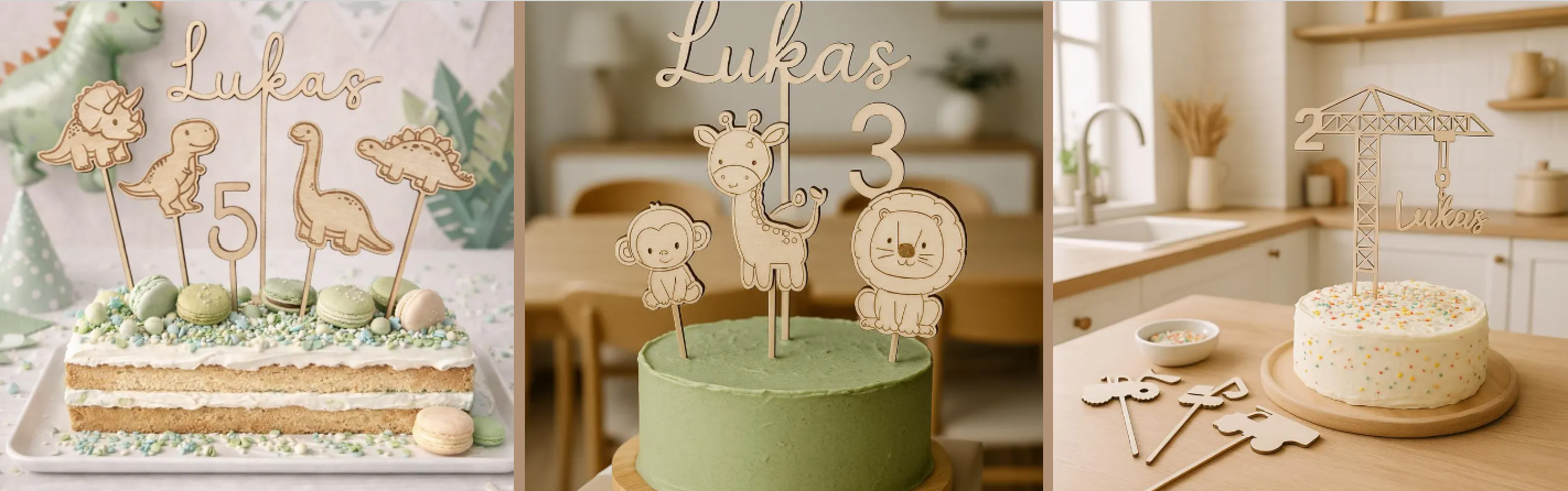 Landingpage Banner von Leo&Lu mit personalisierten Cake Toppern aus Holz für Kindergeburtstag: Dino Cake Topper mit Name Lukas und Zahl 5 auf Naked Cake mit Macarons, Safari Cake Topper mit Giraffe, Löwe, Affe und Zahl 3 auf grüner Torte sowie Baustellen Cake Topper mit Kran und Name Lukas auf Streuselkuchen. Lasergraviert, nachhaltig, hochwertiges Holz, personalisierbar mit Wunschname und Alter, Tortendeko Geburtstag Junge, individuelle Kuchendeko, Handmade Geschenkidee, Scandi Stil.
