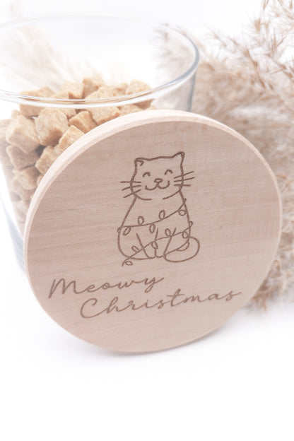Weihnachtsgeschenk für Katzenliebhaber – Glas mit Lasergravur Katze und Schriftzug Meowy Christmas