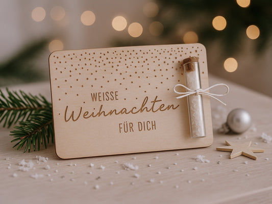 Holzkarte „Weiße Weihnachten“ mit Glasröhrchen, Gravur und winterlicher Deko im skandinavischen Stil auf hellem Holztisch