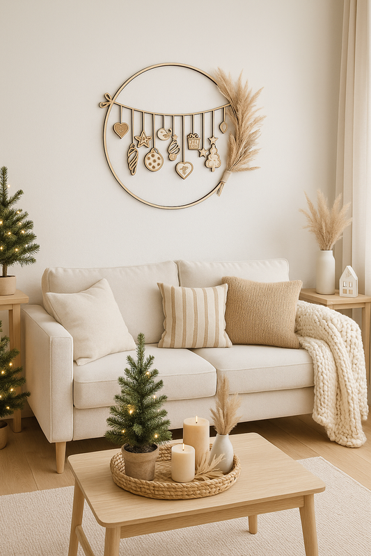 Weihnachtskranz aus Holz mit filigranen Anhängern im skandinavischen Stil als Wand- und Türdeko.