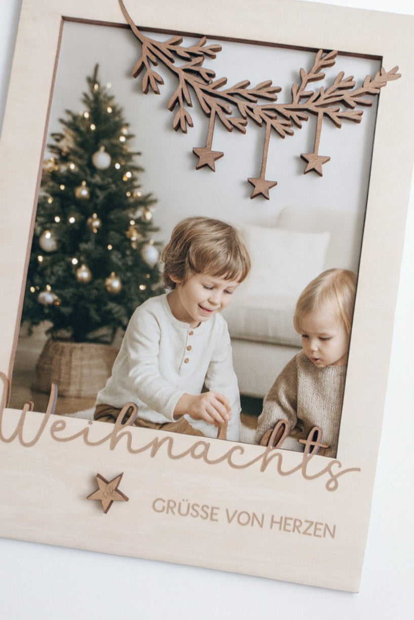 Weihnachts-Passepartout aus Holz | Filigraner Bilderrahmen Weihnachten | Skandi Deko | Fotogeschenk zu Weihnachten | Handmade & lasergraviert