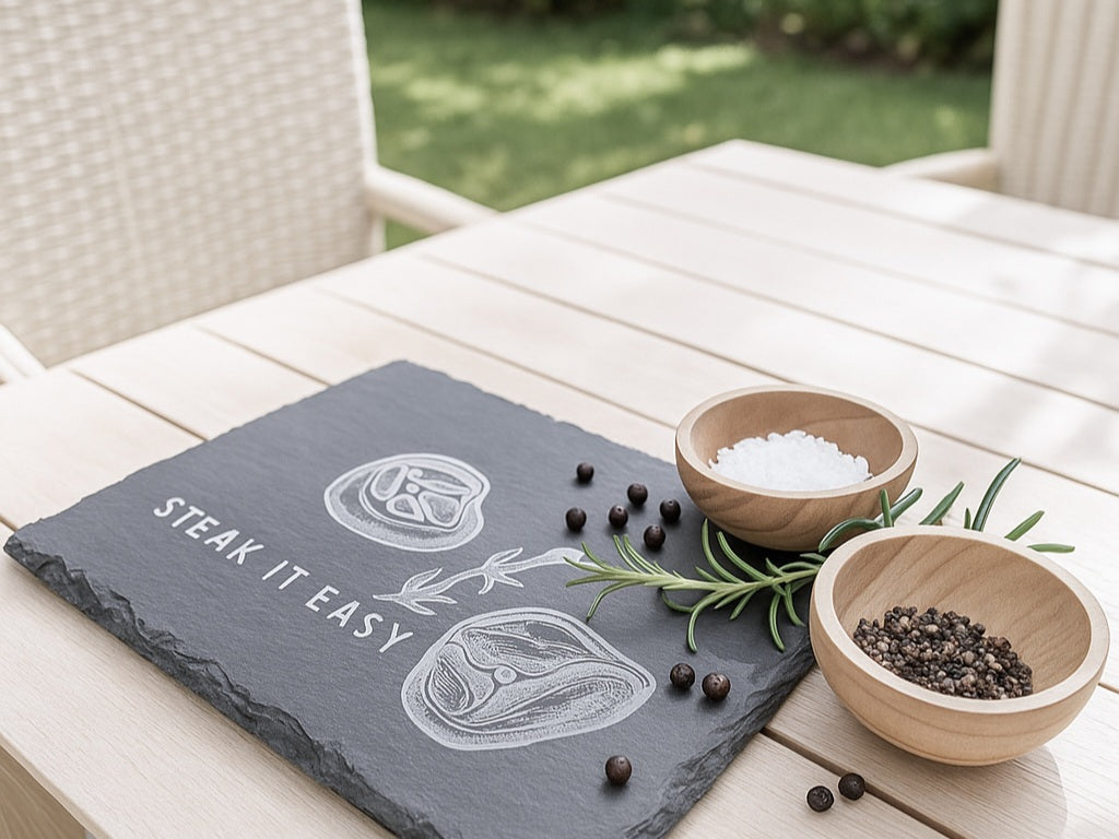 Schieferplatte mit der Aufschrift Steak it easy sowie zwei Steaks und Tymianzweig eingraviert. Zudem Dekoration.