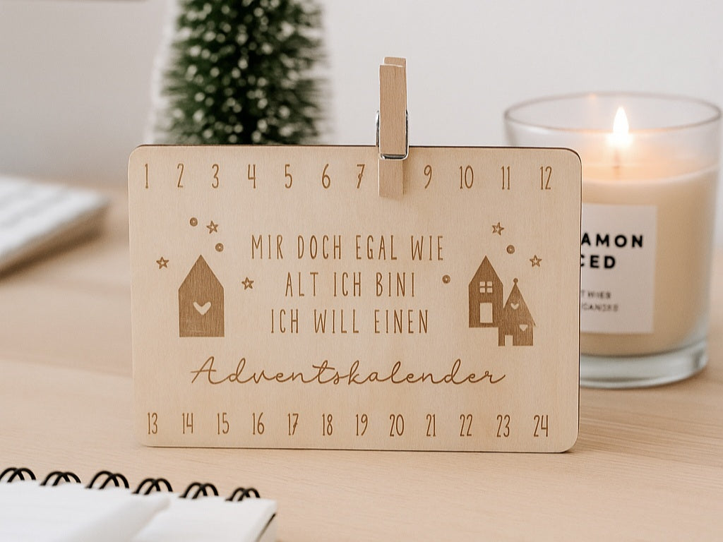 Holz Adventskalender Karte – Wiederverwendbarer Adventskalender aus Holz – Weihnachtsdeko im Scandi Look – DIY Adventskalender mit Klammer