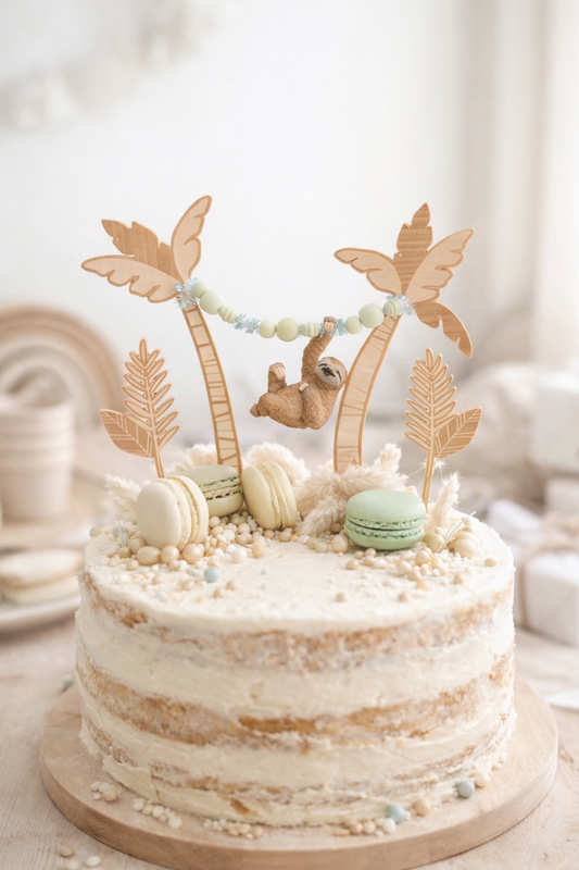 Cake Topper Faultier aus Holz im Dschungel Stil mit Palmen und Blättern als Tortendeko für Kindergeburtstag und Faultier Geburtstag. Moderner Caketopper im Skandi Look perfekt als Kuchenaufleger oder Tortenaufleger für Naked Cakes. Kombinierbar mit Schleich Faultier oder anderem Faultier Spielzeug für eine individuelle Sloth Party Decor Gestaltung. Animal Cake Topper für Dschungelparty, Baby Geburtstag oder Motto Party mit natürlichen Farben, Macarons und minimalistischer Tortendeko. Hochwertiger Cake Toppe