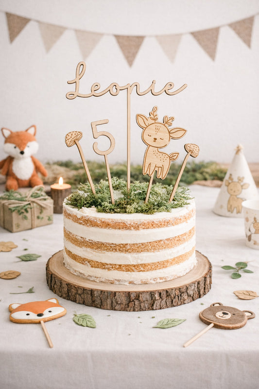 Personalisierter Cake Topper aus Holz mit Name Leonie und Zahl 5 im Waldtiere Design für Kindergeburtstag. Hochwertiger Holz Tortenstecker mit Reh Motiv, graviert und gelasert, perfekte Tortendeko für Naked Cake, Boho Geburtstag, Natur Kinderparty und Scandi Geburtstagsdeko. Nachhaltige Cake Topper personalisiert mit Name und Alter, Waldtier Party Dekoration für Mädchen und Jungen, individuelle Holz Geburtstagsdeko für 1. 2. 3. 4. 5. Geburtstag handgefertigt von Leo&Lu.
