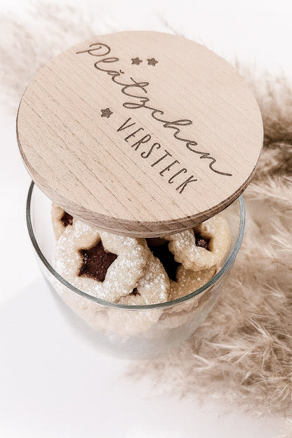 Glas mit graviertem Holzdeckel „Plätzchenversteck“ – stilvolle Keksdose für Weihnachten, nachhaltige Aufbewahrung im nordischen Design