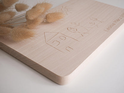 Frühstücksbrett mit Kinderzeichnung als personalisiertes Geschenk zum Vatertag, Muttertag oder für Oma und Opa, liebevolle Erinnerung
