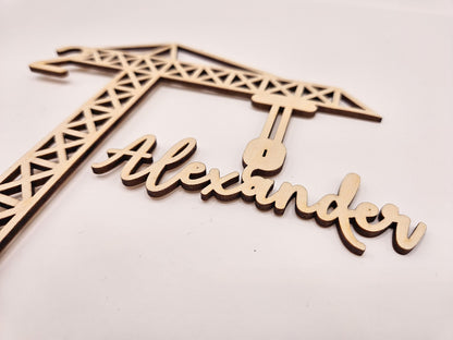 Cake topper zum Geburtstag mit Kran aus Holz, personalisierte Torten Dekoration , personalisierbar mit Namen und Alter perfekt als Geschenk