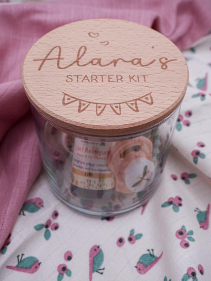 Geschenk zur Geburt personalisiert - Babygeschenk Starter Kit mit graviertem Namen, Geschenk zur Geburt, Taufe, Geburtstag, Windeltorte