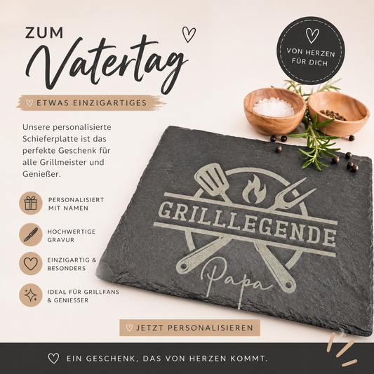Personalisierte Schieferplatte Grilllegende mit Wunschname | Geschenk für Papa, Ehemann oder Opa | Weihnachtsgeschenk Männer | BBQ Deko Gravur 30x20 cm