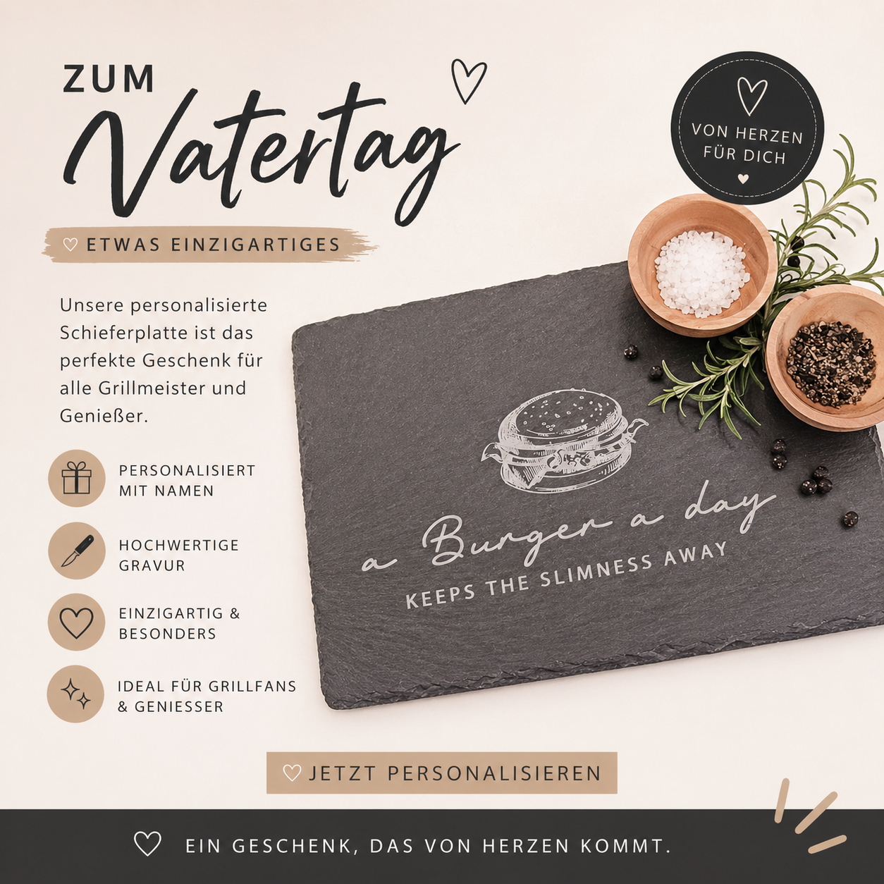 Servierplatte Schiefer–a Burger a day Geschenk zum Geburtstag & Vatertag oder BBQ – Individuelles Deko-Highlight für Papa und alle Grillfans