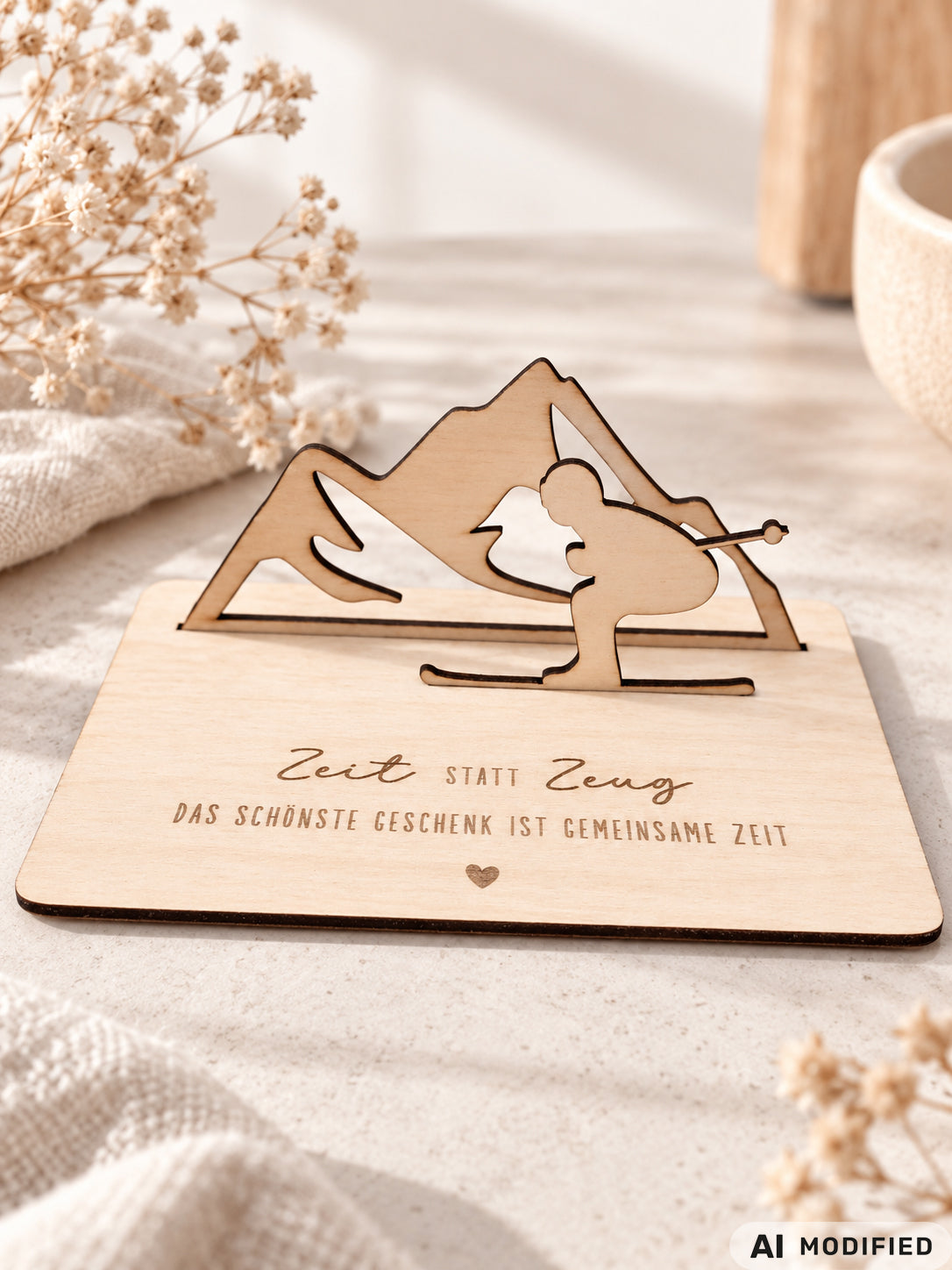 Geschenkkarte aus Holz mit filigranem Skifahrer vor einer Bergkulisse und der Gravur „Zeit statt Zeug – Das schönste Geschenk ist gemeinsame Zeit“. Die besondere Holzkarte eignet sich ideal als Geldgeschenk für Skiurlaub, Skitag oder Winterurlaub sowie als Gutschein für gemeinsame Erlebnisse. Eine kreative Geschenkidee für Skifahrer, Bergliebhaber, Paare, Freunde und Familie zu Geburtstag, Weihnachten oder Jahrestag – natürlich und liebevoll gestaltet.